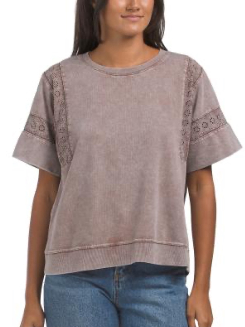 Jane and Delancey Dusty Mauve Short Sleeve Crewneck Sweater with Lace Insets